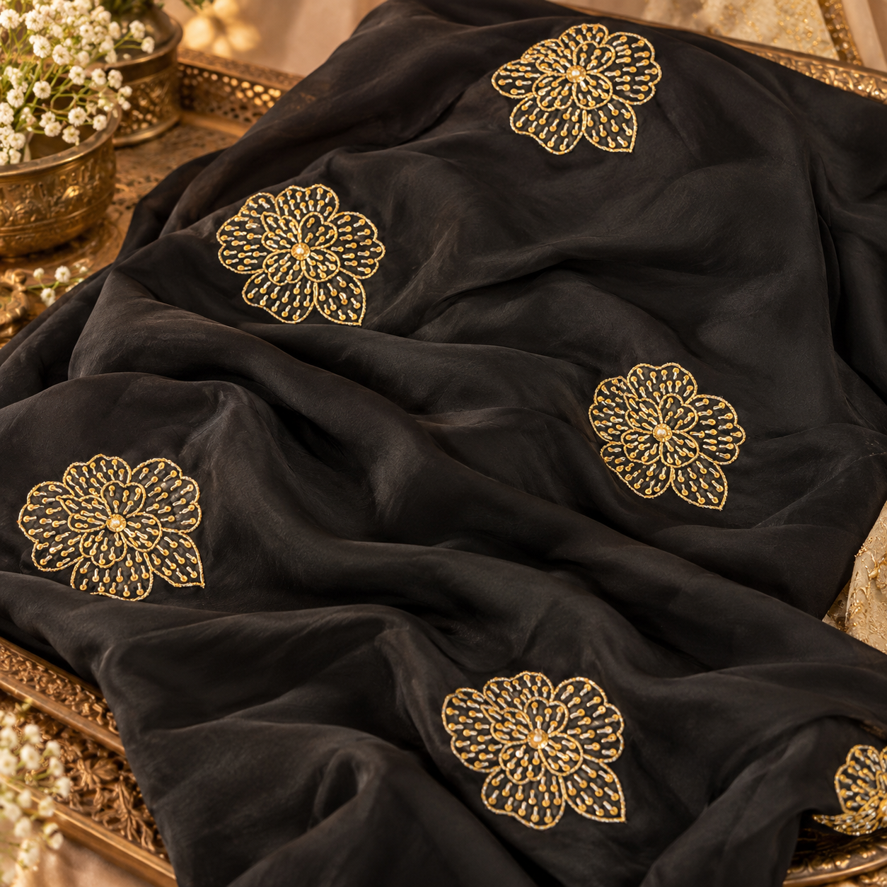 Black suit with golden embroidery, Farshi Salwar